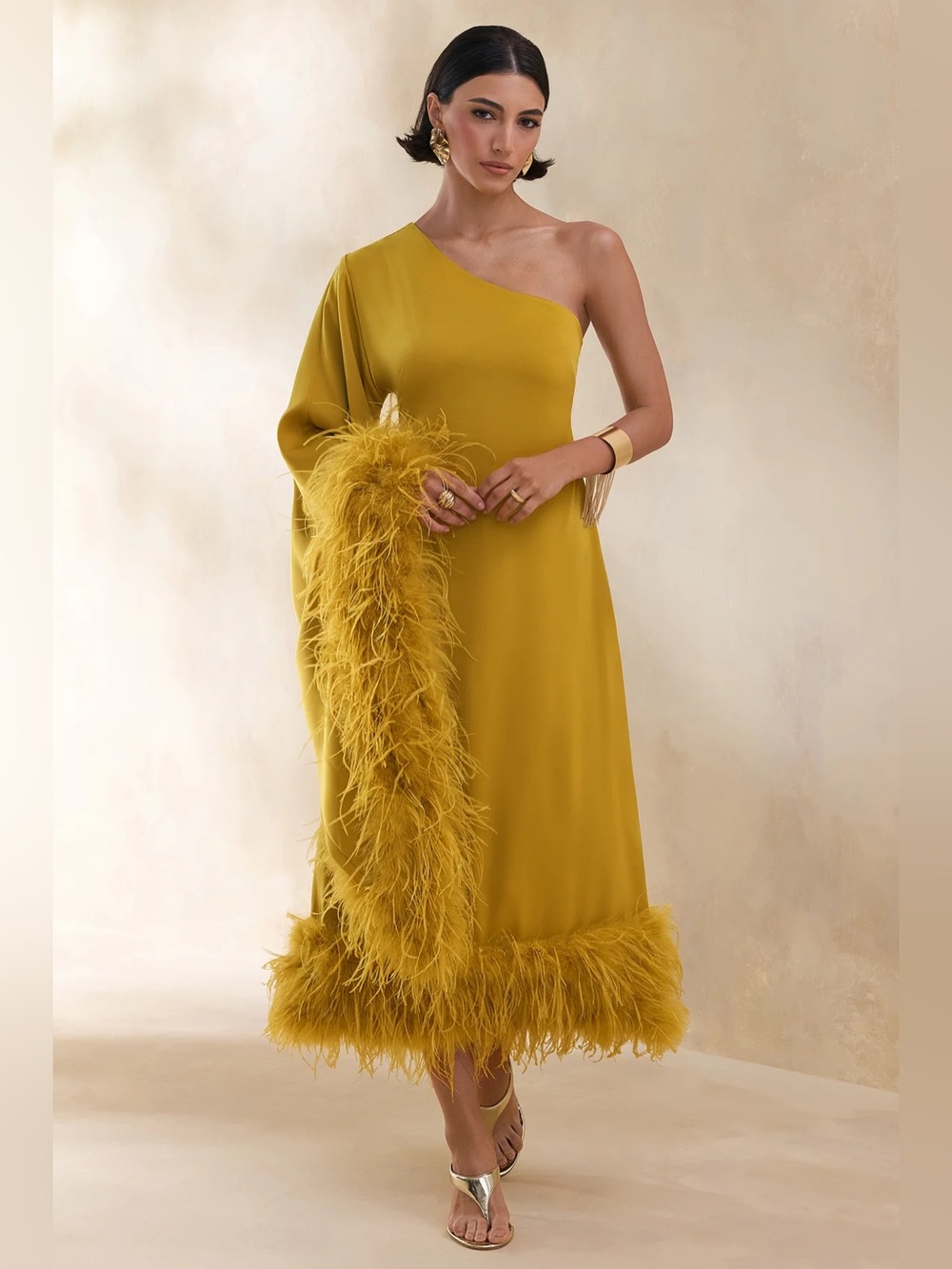 DESTINY
Yellow Satin Asymmetric-Neck Midi Dress With Feather Details